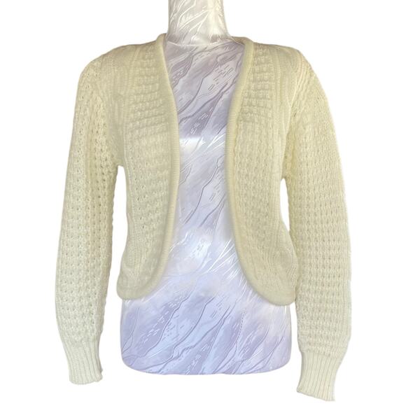 Vintage 80s Cream Waffle Knit Fisherman Open Front Cardigan Sweater Size Medium - Picture 1 of 16